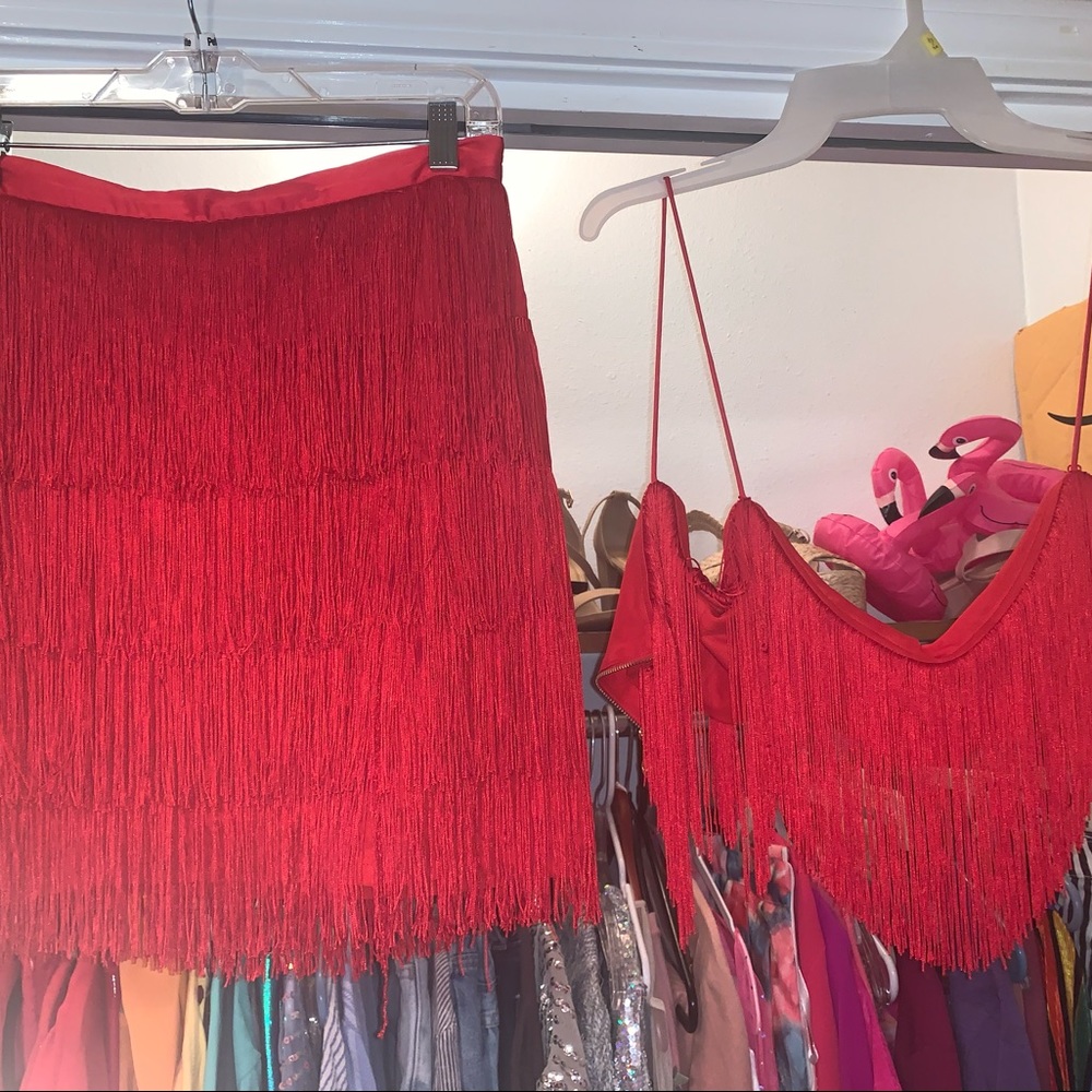 MESHKI red fringe skirt set